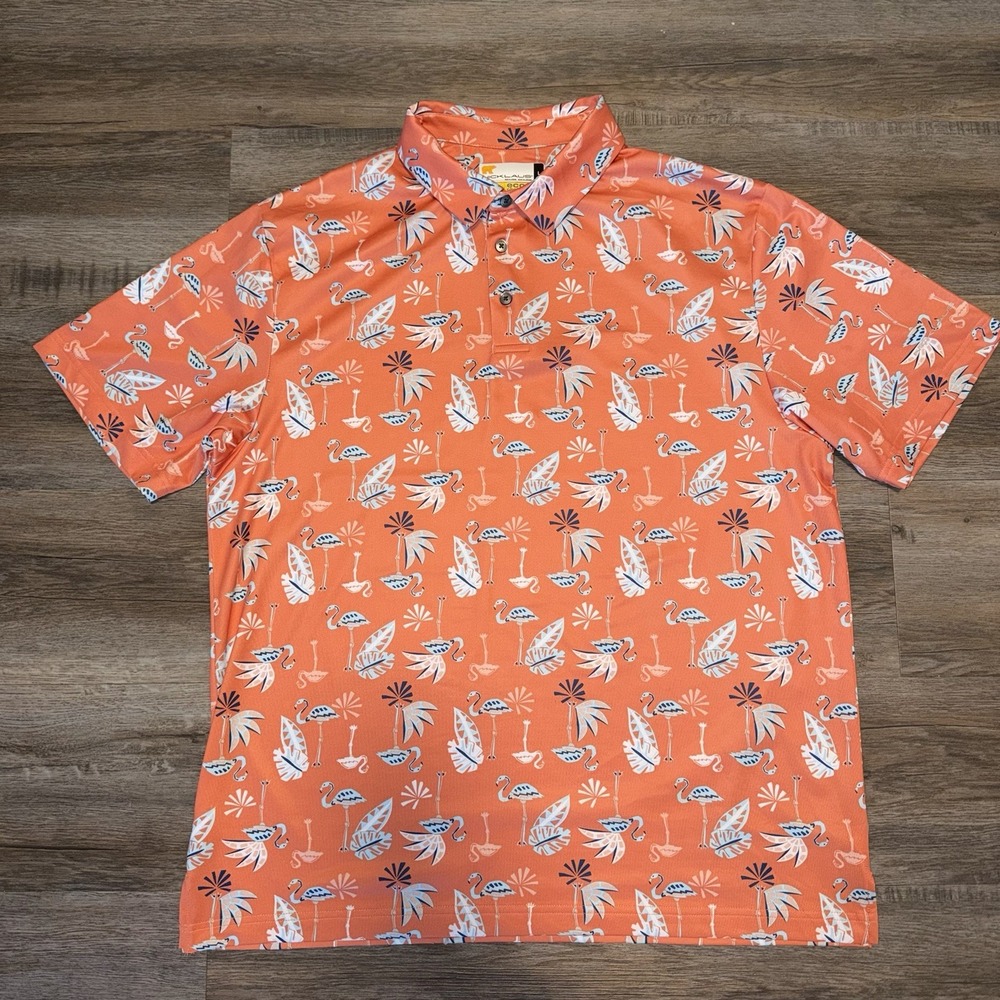 Nicklaus Shirt Mens Large Eco Choice Tropical Print Polo Orange Golf